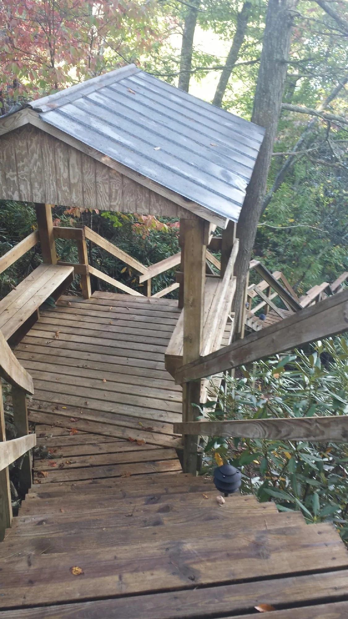 Metal roofed shelter over wooden steps on a wooded walkway — Skylight Repair & Installation work by our crew in Ellisville